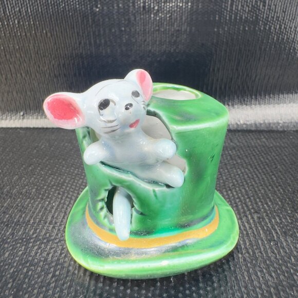 Vintage Small Mouse In Green Top Hat Toothpick Holder Ceramic Made In Japan VTG - Picture 5 of 9